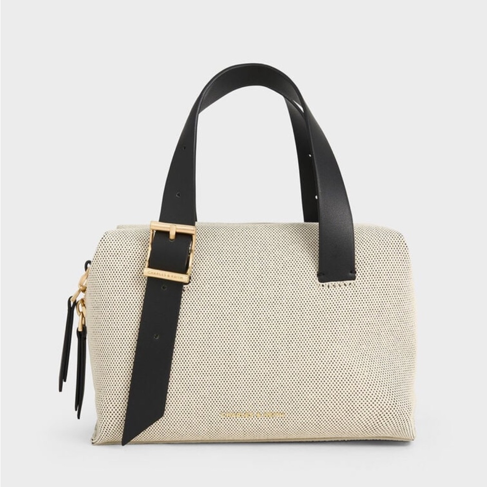 Charles & Keith Elegant Black and Cream canvas Satchel with shoulder strap